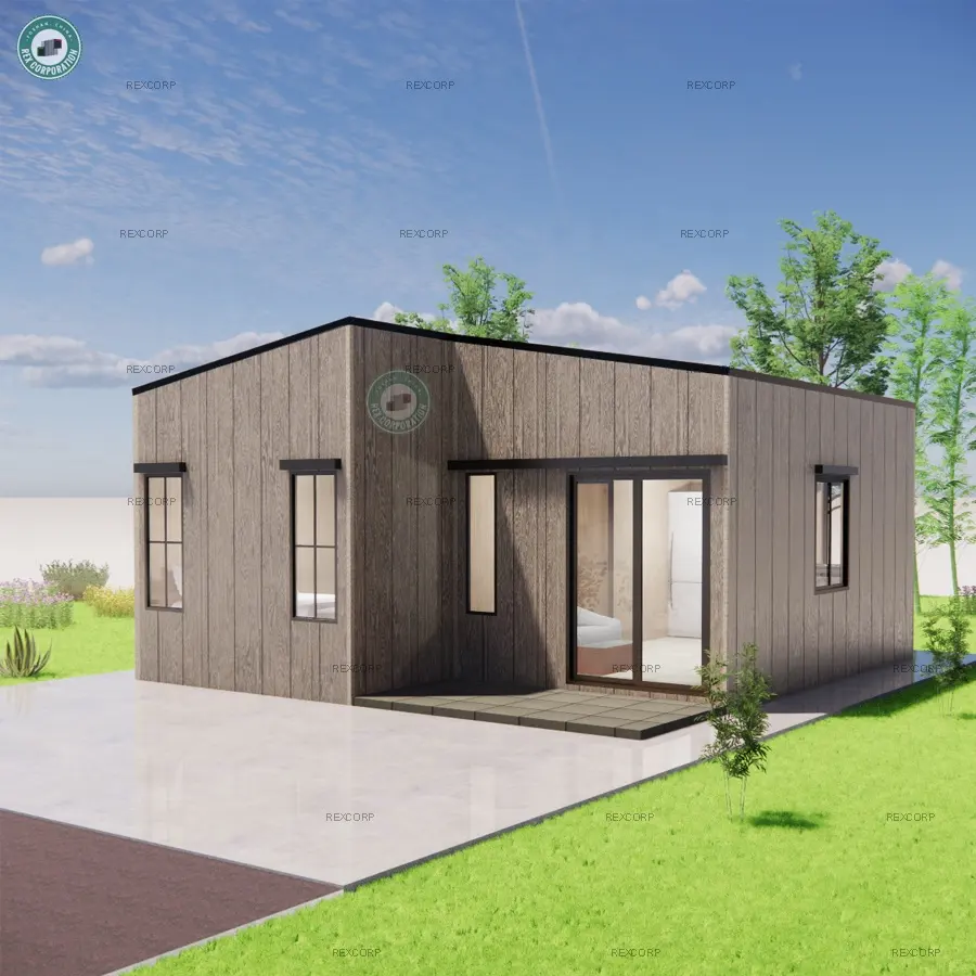 Maison conteneur modulaire meuble de 45 m², 1 lit, petite maison avec toit en pente, clé à clé en bois, maison en espagne