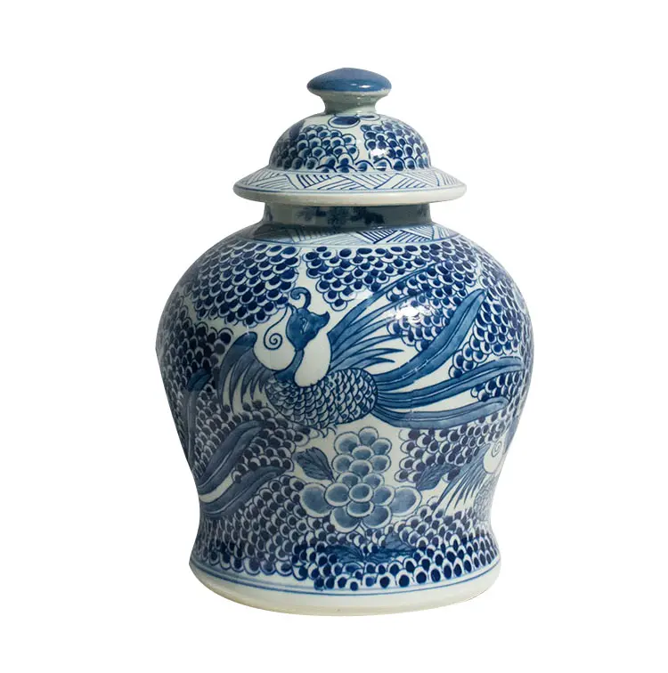 temple jar Handmade painting and high-temperature firingChinese Traditional Antique Blue and White Dragon Ceramic Ginger Jar