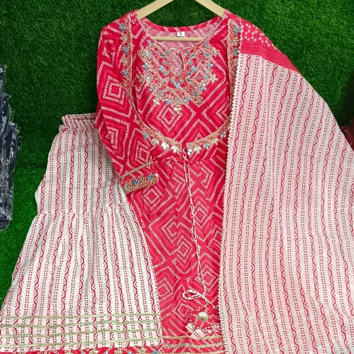 Pakistan 3 buah celana Kurti Panjang meriah merah dengan Set Dupatta untuk wanita desainer India pesta buatan Salwar Kameez