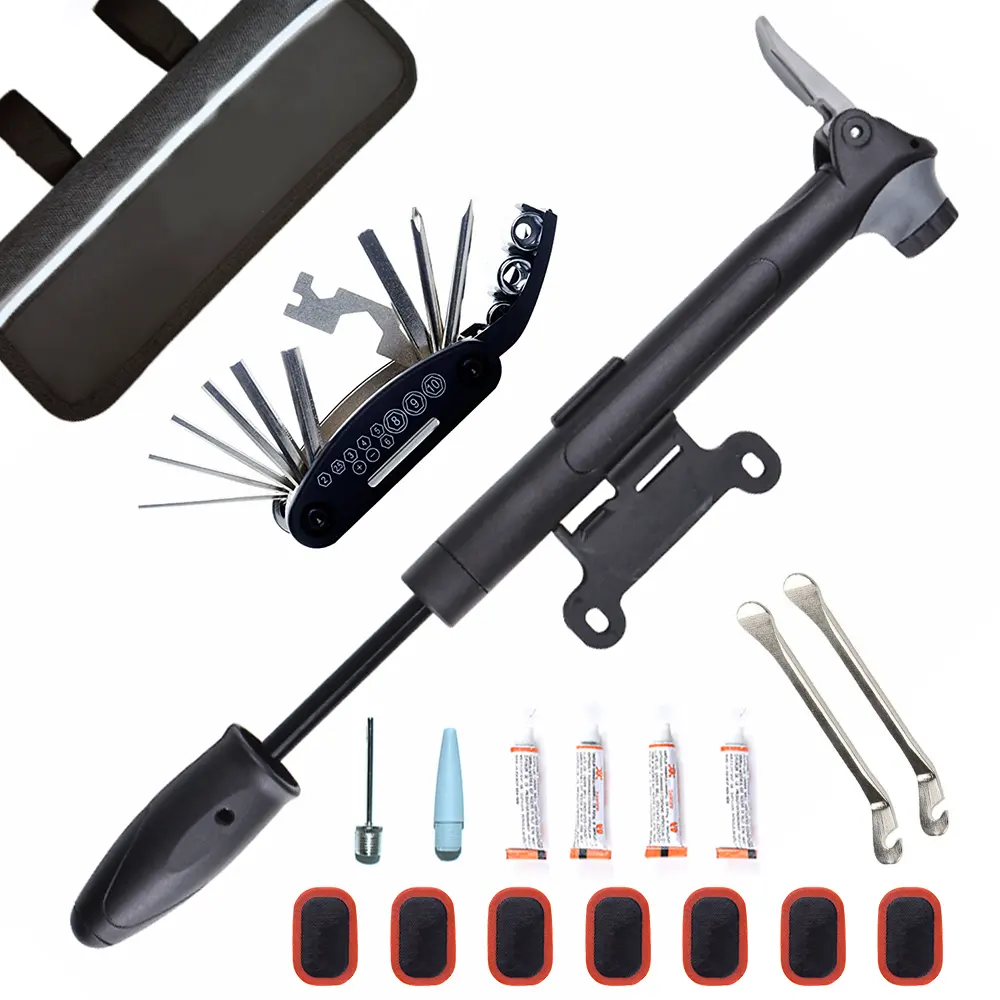 Free Sample Bike Repair Kit 120 PSI Mini Pump,16 in 1 Bicycle Multi Tool with Handy Bag Included Glueless Tire Tube Patches