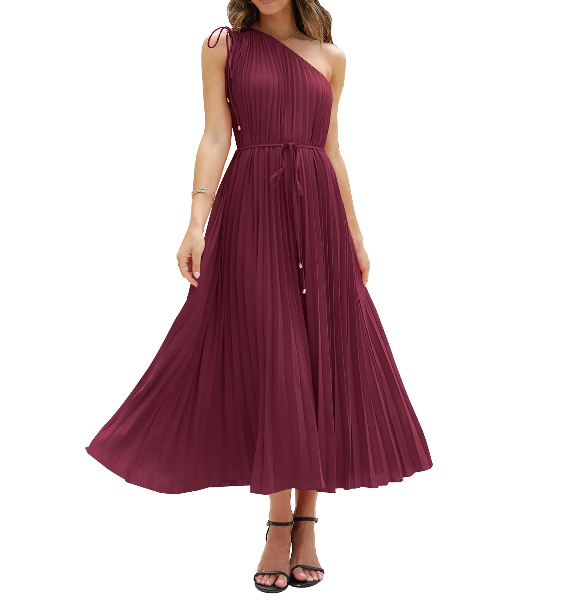 Của phụ nữ tùy chỉnh dây rút một vai maxi Dresses mùa hè không tay Tie eo Xếp Li Dài Đảng Cocktail Dress