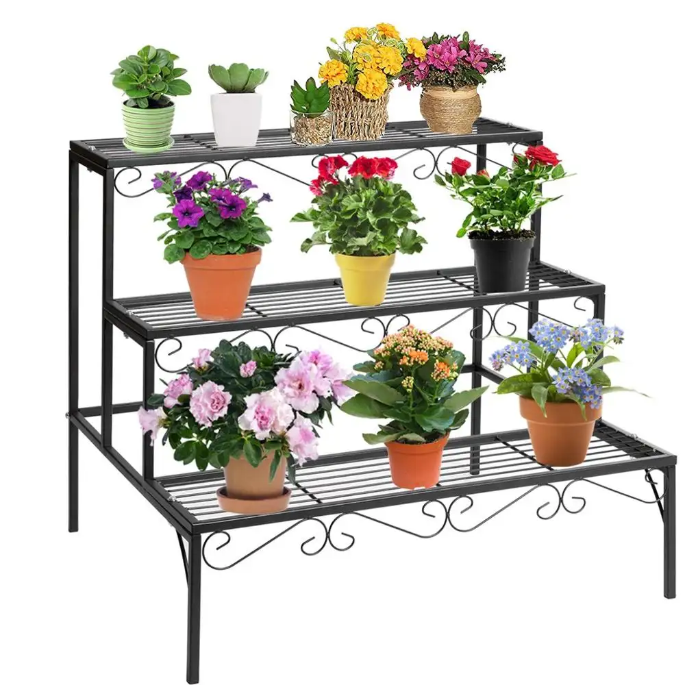 Wholesale Powder Coated 3 tiers meta wire home plant organizer stand foldable flower display stand