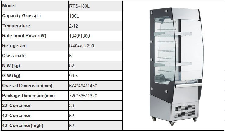 180L To 220L High Efficient Stainless Steel Glass Door Open Air Refrigerated Display With LED Lights