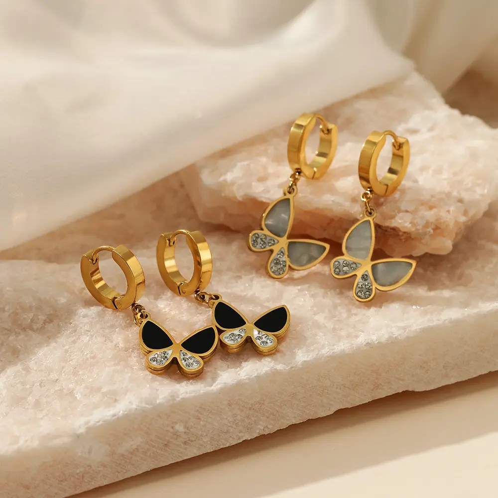 Butterfly Pendant White Crystal Hoop Jewelry Earrings 18K Gold Planted Stainless Steel Stud Earrings For Women