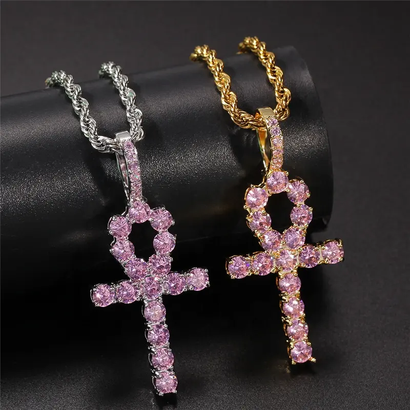 Hiphop oro Bling de la venta al por mayor de joyería rosa de diamantes colgante llave en cruz Ankh collar