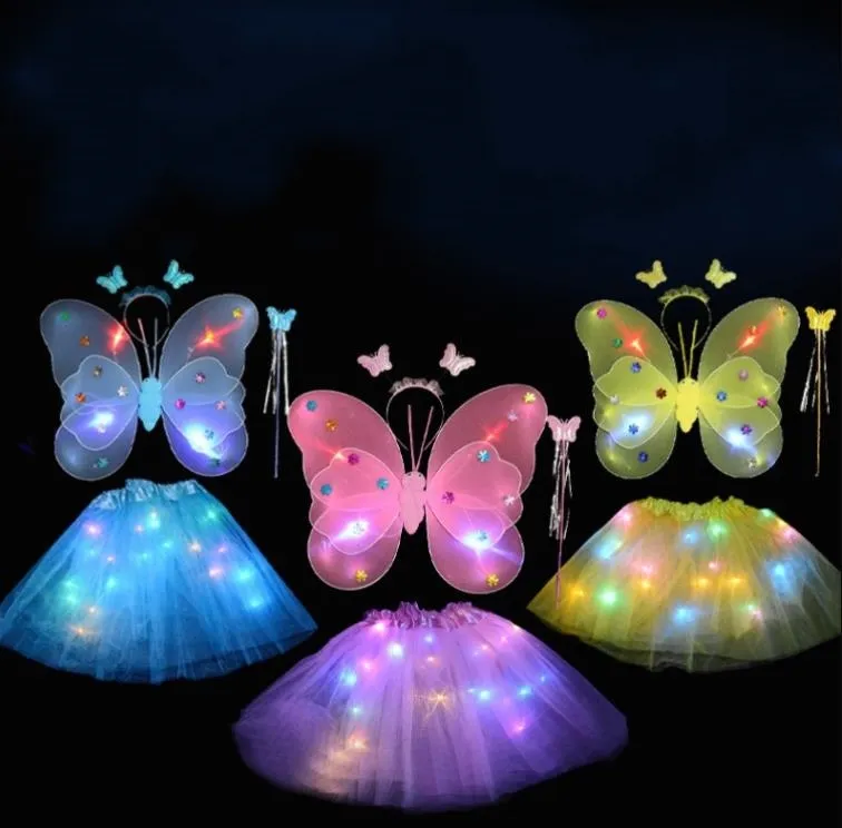 LED 빛나는 나비 날개 소녀 다시 장식 어린이 깜박이는 장난감 생일 파티를위한 멋진 마술 지팡이 꽃 요정 세트