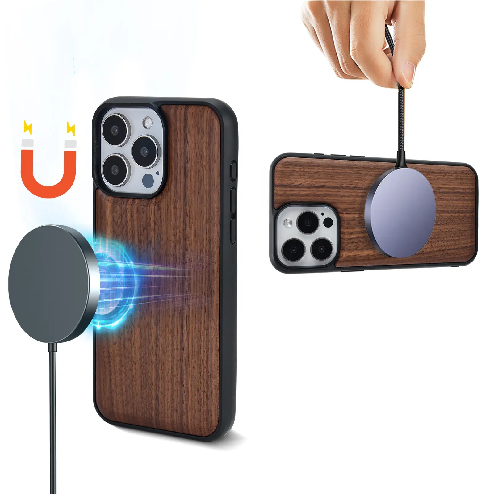 Funda de teléfono magnética para iPhone 15, funda Coque En Bois, funda protectora de madera, compatible con carga inalámbrica, teléfono Hoesje Carcasa