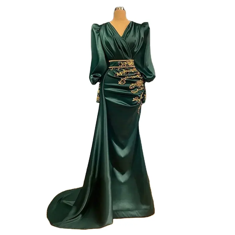 Gaun malam satin lengan panjang mewah kualitas tinggi hijau sedang untuk wanita gaun malam manik-manik putri duyung buatan tangan untuk pesta a