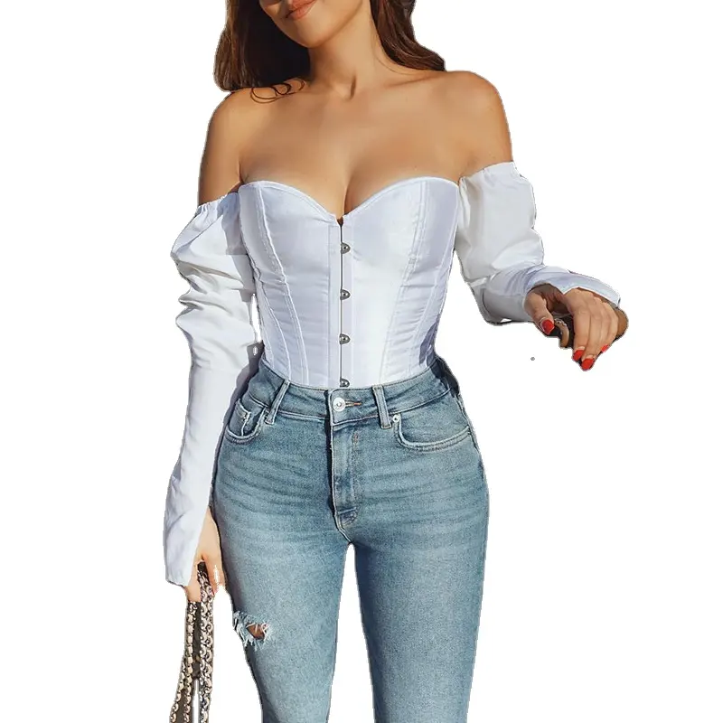 Kapalı omuz Tops straplez büstiyer gömlek kadın zarif moda uzun kollu korse bluz kulübü korse üst seksi kadın bluz