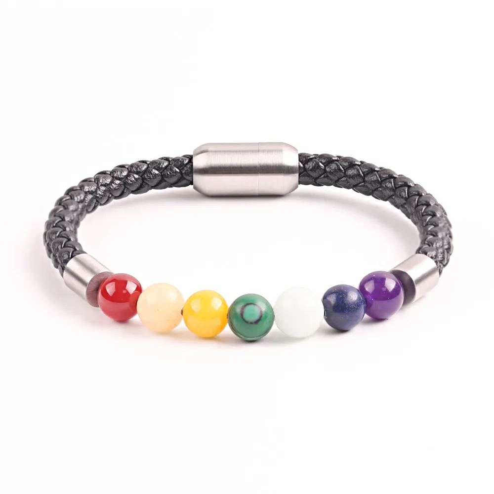 Pulsera de Chakra magnética con cuentas coloridas de cuero genuino, joyería de nuevo diseño