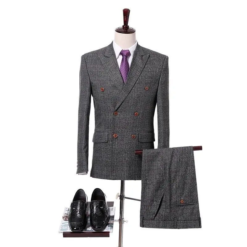 Business Suits Gray Men Woolen Full Sleeve 2 Pieces Suit Men der Business Suit Double Breasted