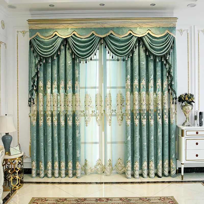 Cortinas bordadas para sala de estar, visillo de lujo personalizado europeo, verde, alambre dorado, bordada, Soluble en agua