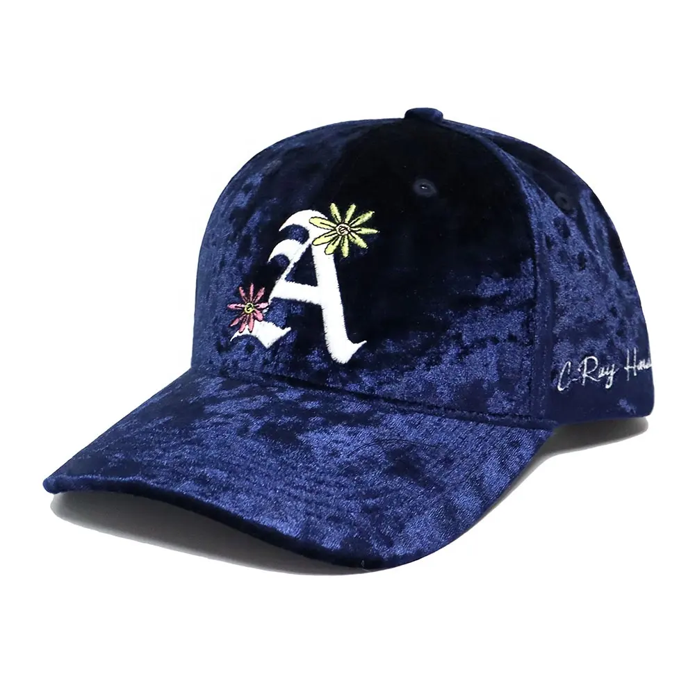 Haute qualité 6 panneaux adulte bord incurvé structuré bleu velours casquette de baseball personnalisé 3d broderie Logo chapeaux réglables