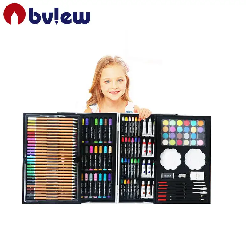 Bview arte arte 145-peças 2 camadas pastel, marcador de aquarela colorida lápis de luxo infantil conjunto de arte com caixa de alumínio