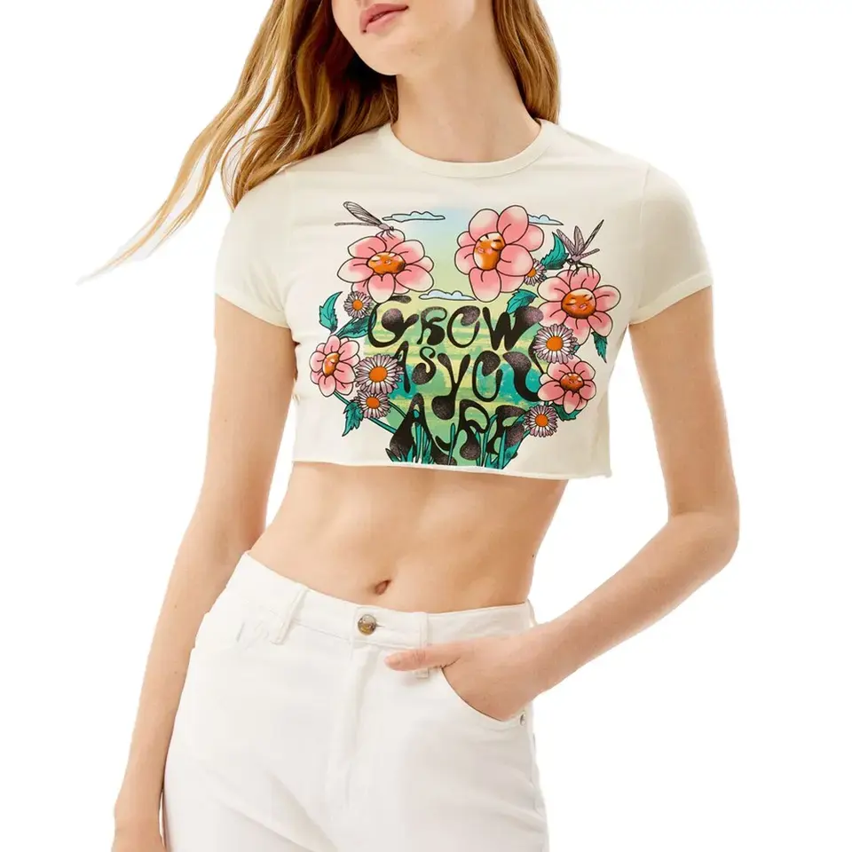 Tùy Chỉnh Trắng Gân Cotton T-Shirt Được Trang Bị Tank Top Với Logo Phụ Nữ Đồ Họa Cắt Top T Áo Sơ Mi Cho Femme