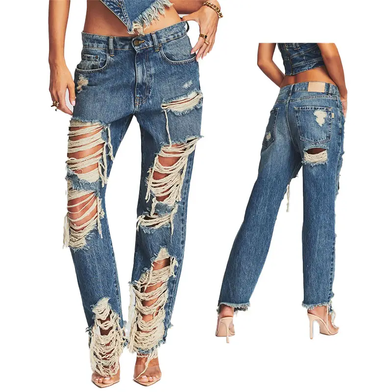 אופנה בגדי רחוב בהתאמה אישית באיכות גבוהה לנשים לשטוף ג'ינס קרעים עם רגליים ישרות באמצע מותן רגל ישרה סופר מצוקה ג'ינס
