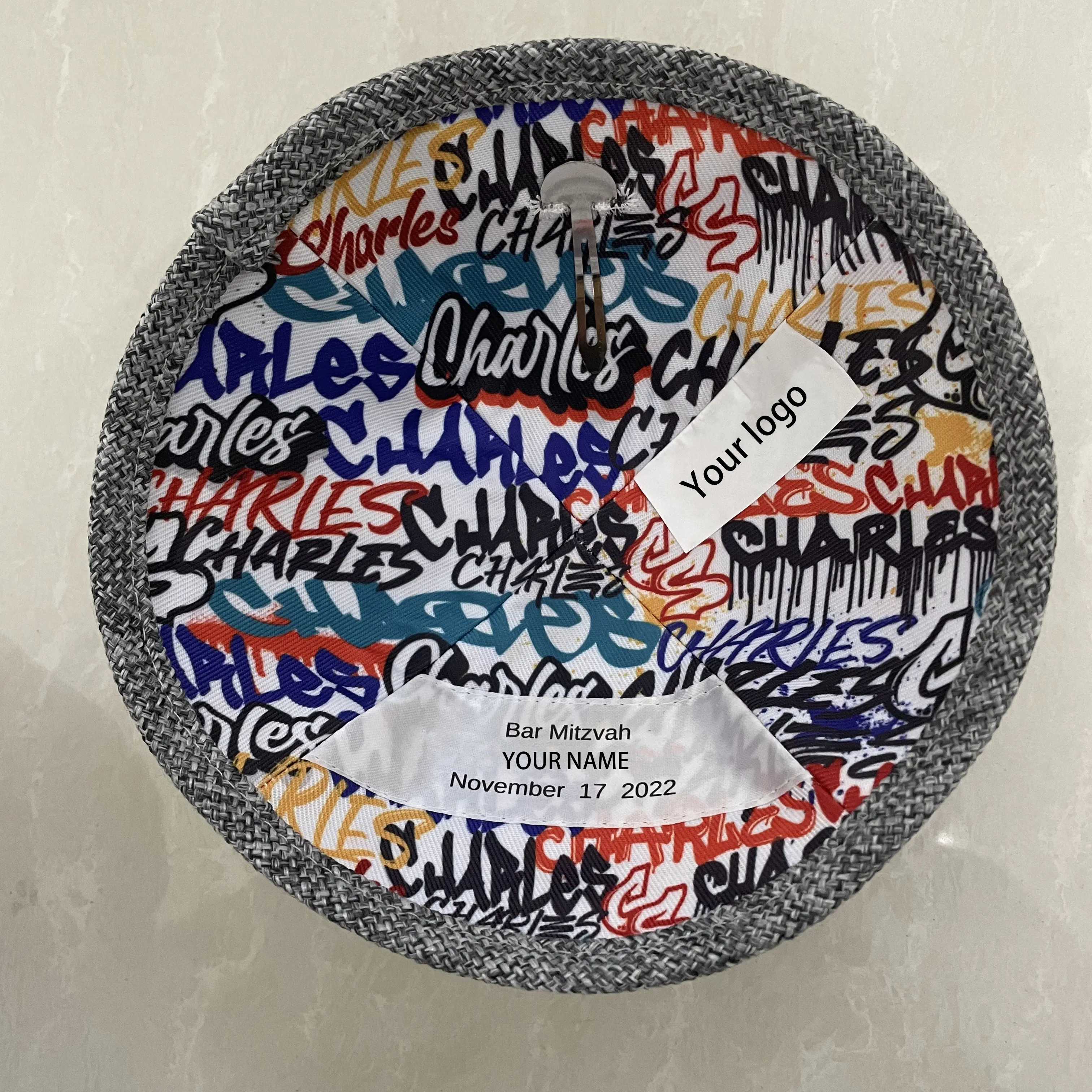 Chapeau kippa Kippot de mariage pour hommes et enfants, étiquette imprimée sur mesure, en tissu, collection de Bar, motif de mariage