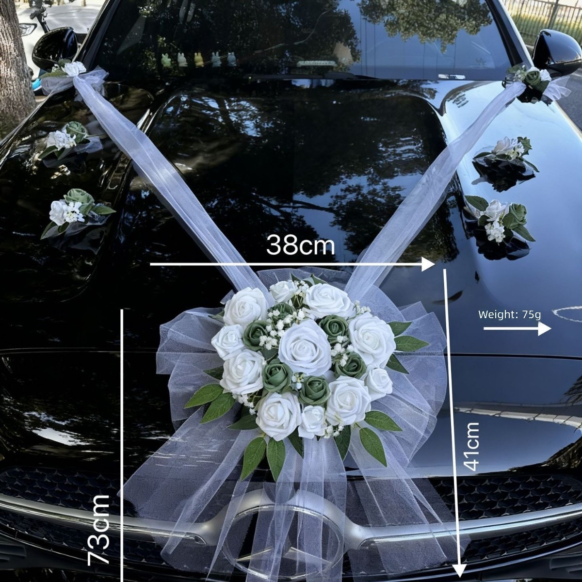 3# Ensemble de fleurs pour voiture, rond, blanc et vert : 1 grande et 6 petites.