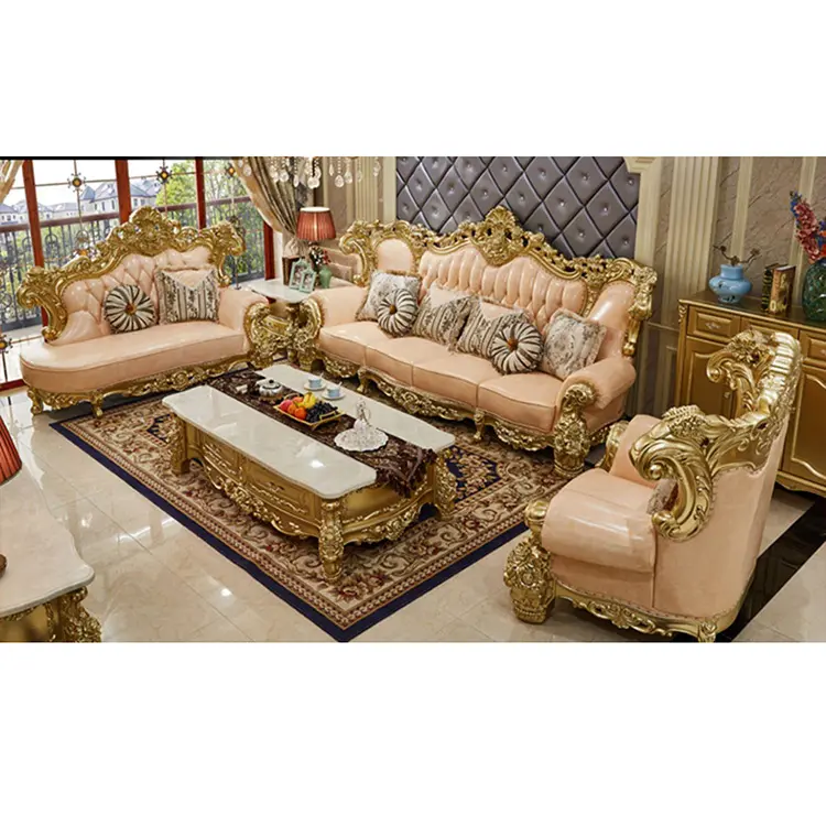Sofá antiguo clásico de cuero, mueble tallado en madera de grano superior barroco de lujo, diseño europeo y americano