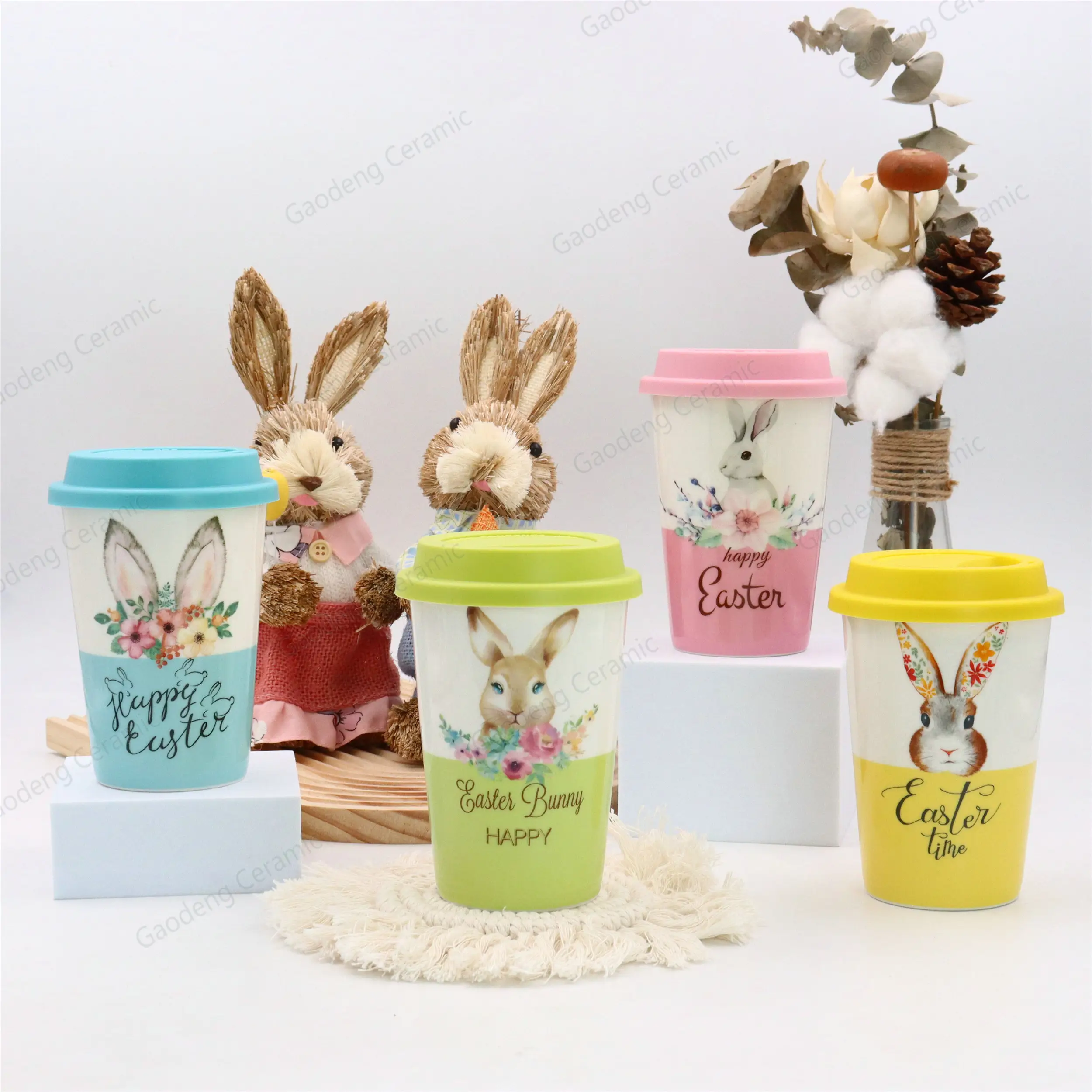 Feliz páscoa com coelhos design de fábrica, atacado personalizável canecas de chá de cerâmica com tampa de porcelana copo sem alça