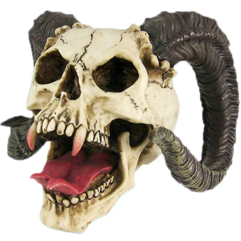 Escultura de esqueleto de demonio curtido con lengua, estatua de cráneo de ram de dragón malvado de resina para decoración del hogar, venta al por mayor