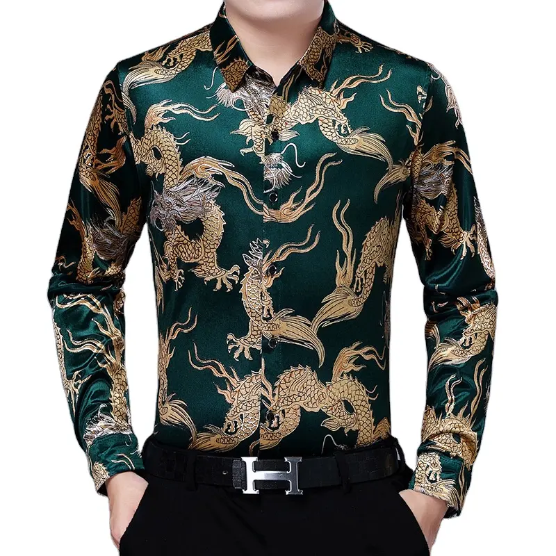 Blusa de veludo verde masculina de flanela grande Rnshanger com dragões para homens camisas de veludo vermelho primavera