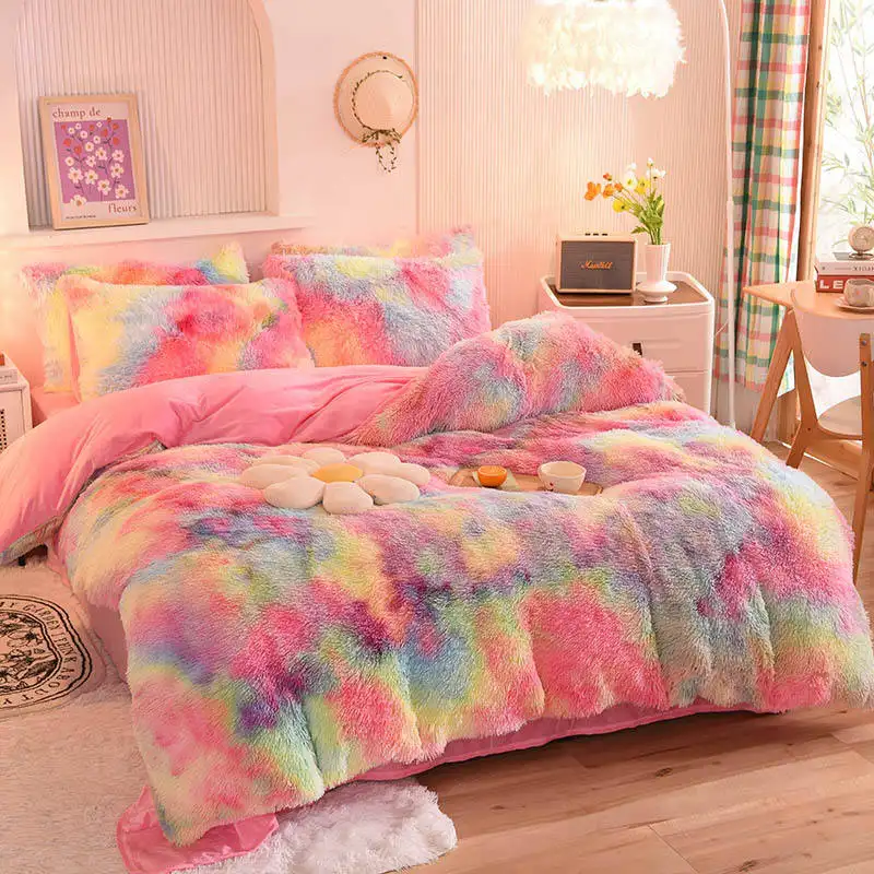 Conjunto de lençóis de veludo de pelúcia de veludo falso colorido arco-íris para casa MU 4 peças conjunto de lençóis de pelúcia quente