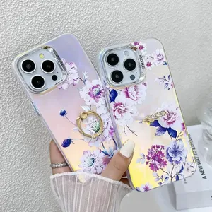 Lazer buzlu IMD elektroliz telefon iPhone için kılıf 15 Pro Max 14 13 çiçek tasarım kademeli renkler telefon tutamağı parmak yüzük kapak