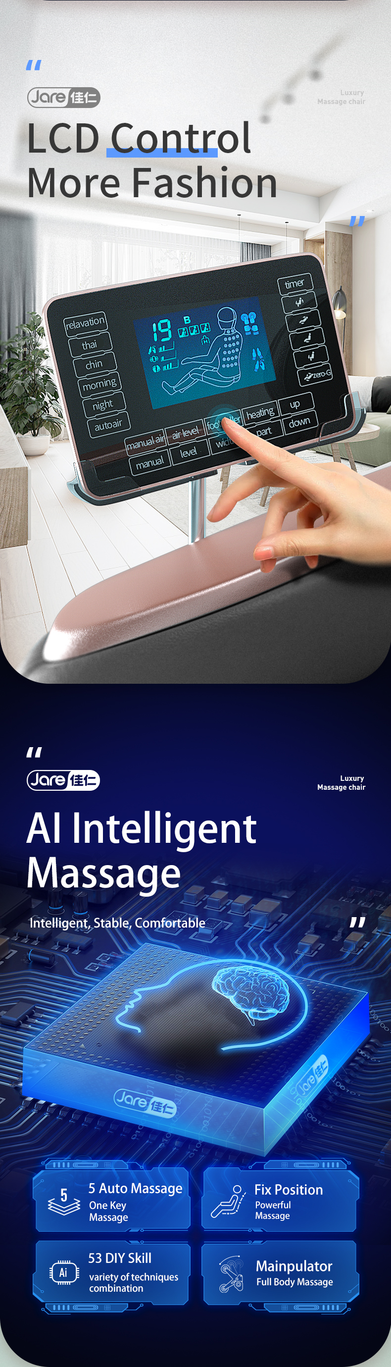 Jare A631L Luxury 4D Multifunction SL Track   Full Body  Air Bags Zero Gravity  Shiatsu Recliner Foot Roller  Massage Chair