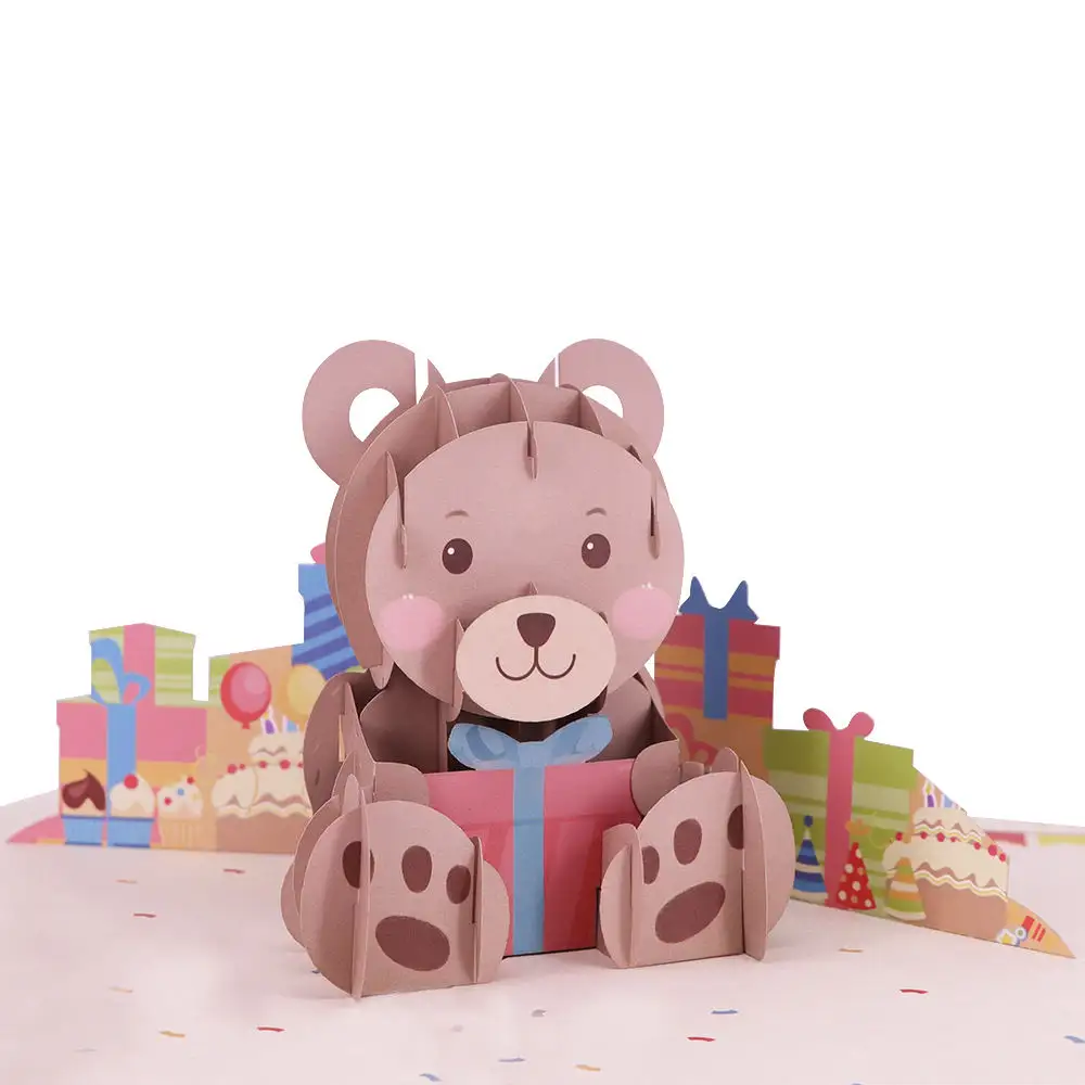 사용자 정의 디자인 귀여운 만화 곰 생일 축하 초대장 3D 팝업 인사말 선물 카드