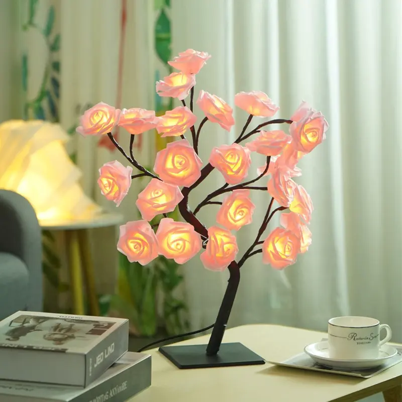 Biumart Hot Sale LED Rose Tree Lamp Romantic Flower Table Lamps Night Light for Wedding Christmas Home Decoration