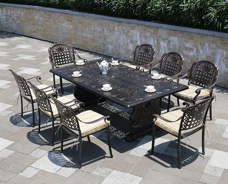 Juego de comedor duradero de aluminio fundido, mesa de barbacoa y 6 sillas, para uso en jardín al aire libre, a buen precio