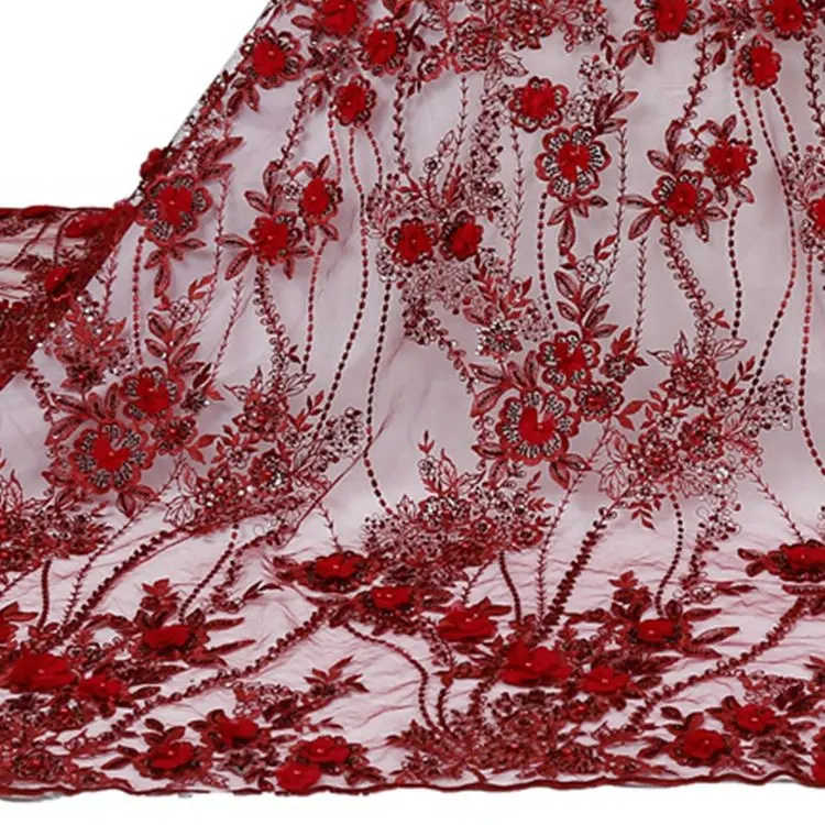 Tela de encaje de lentejuelas bordada para vestidos de noche, malla de tul roja con bordado de flores, muy vendida