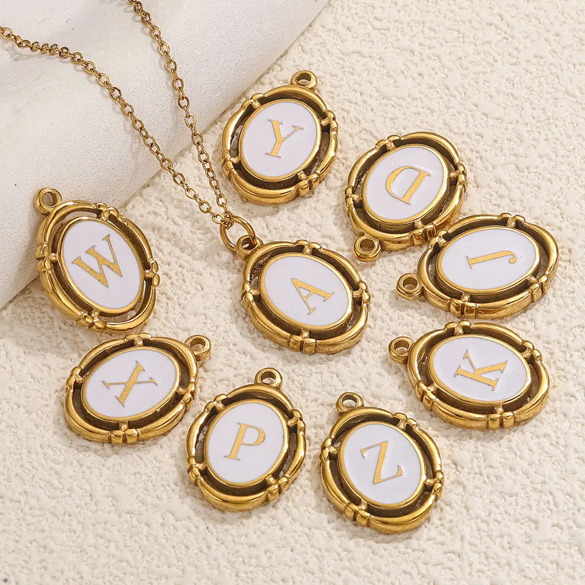 Hot Sale Women Fashion Necklace Earrings Accessories Enamel Alphabet Pendants Gold Plated Oval Stainless Steel Letter Pendants
