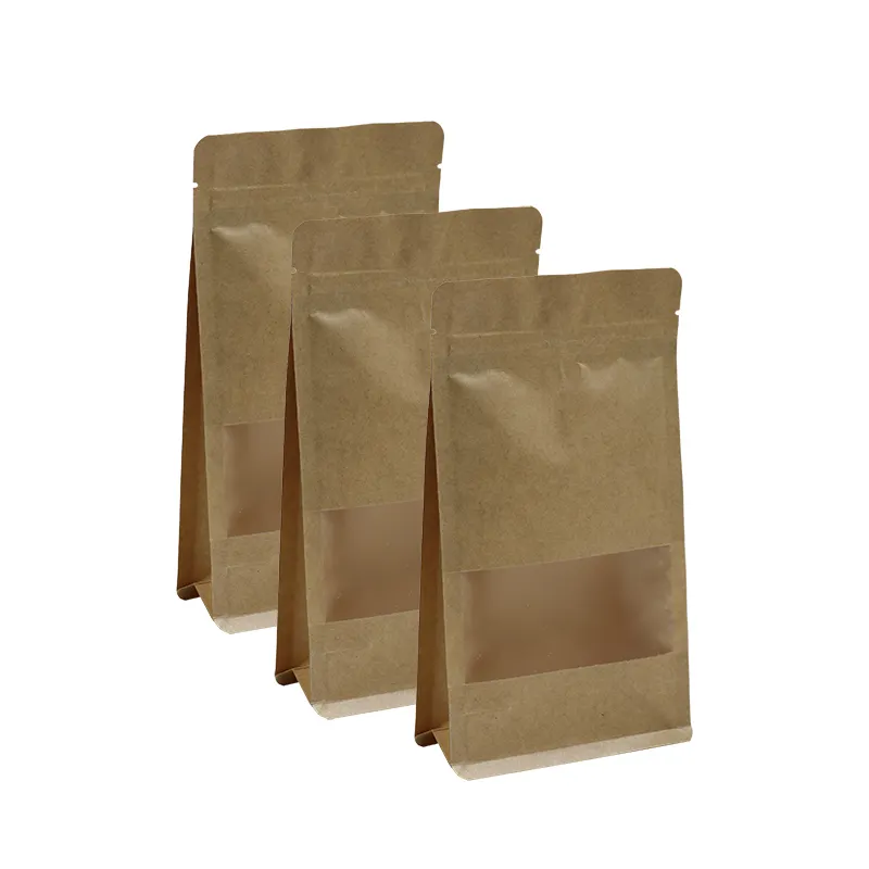 Custom Self Sealing Matte Black Brown Zipper Standup Tea Dry Food Fruit Nut Coffee Packaging Pouches Kraft Paper Bag With Window