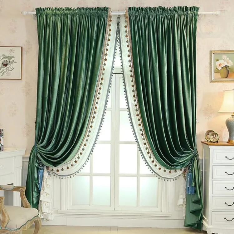 Cortinas de luxo com valância acessada com renda para sala de estar