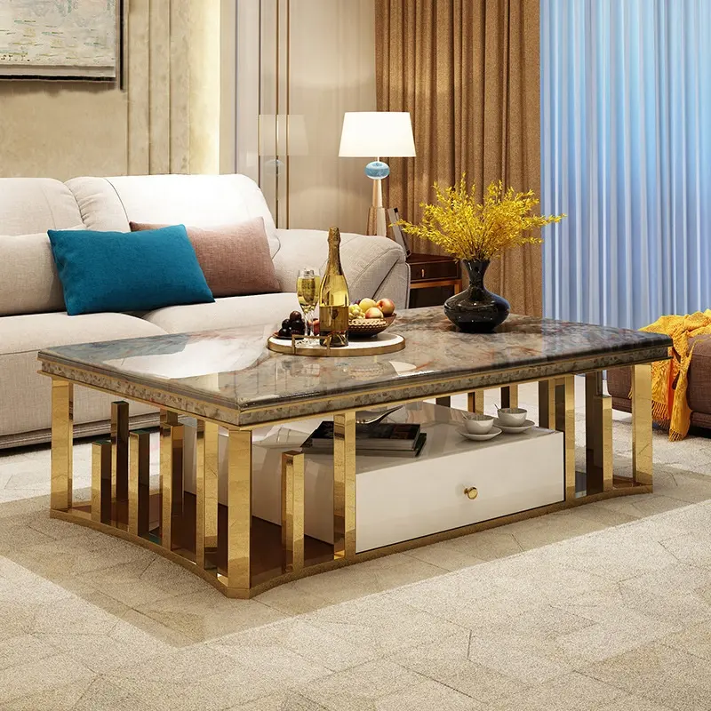 Table basse de luxe en acier inoxydable Table centrale en marbre laqué blanc Table de salon à thé pour la maison et l'hôtel