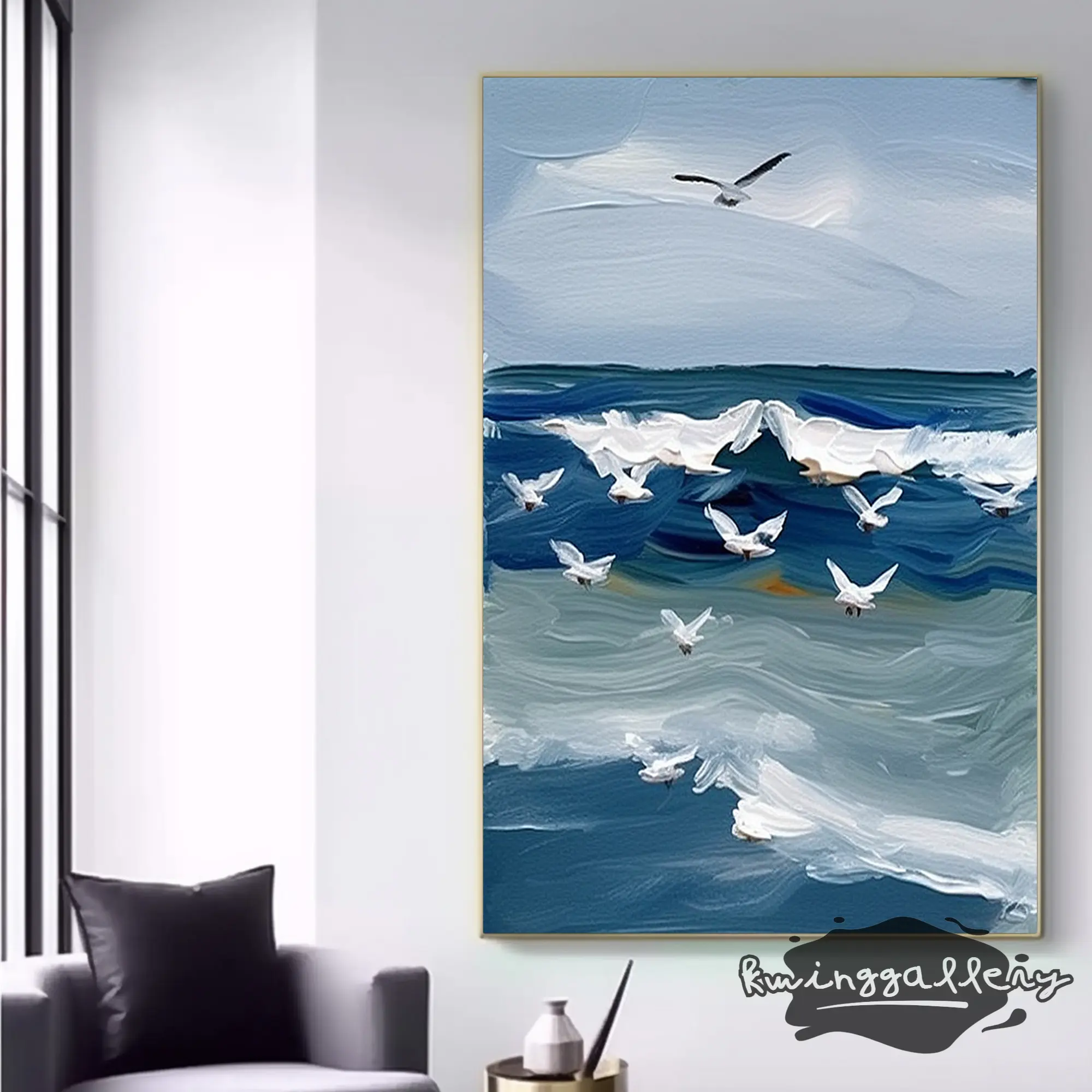 Trang trí bãi biển, trang trí tường phòng khách nghệ thuật tranh vải sóng biển nguyên bản, Tranh phong cảnh bãi biển trừu tượng