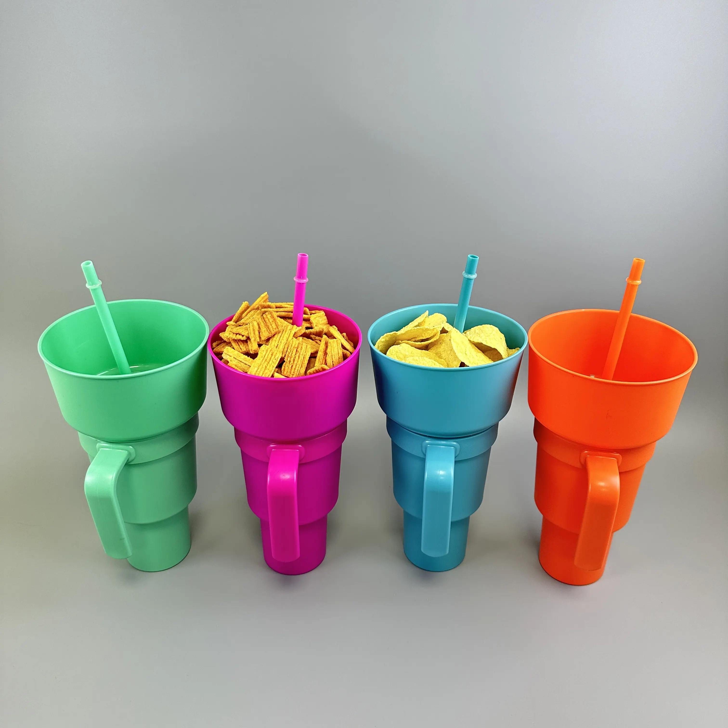 Hot Sell Cola Getränke tasse und Snack halter 2 in1 Tasse für Snacks und Vorspeisen Stadion Mit Snack Tray Bowl Straw