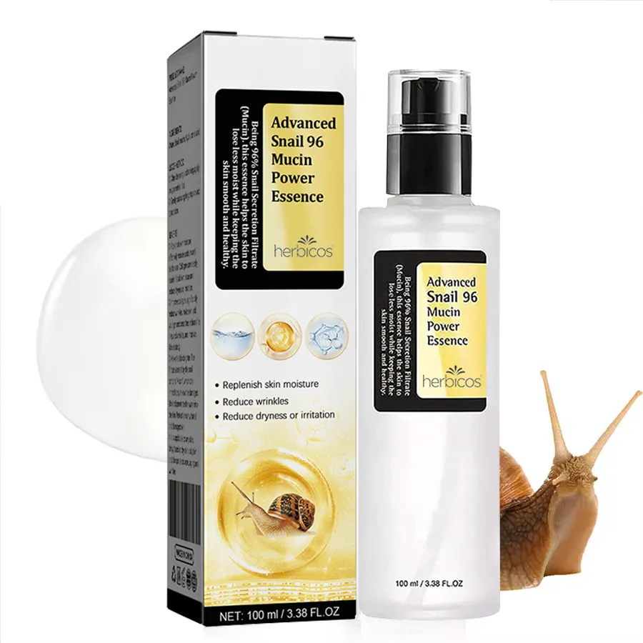 Herbicos Snail Mucin 96% Essence réparatrice de puissance 3.38fl.oz 100ml Acide hyaluronique liquide Produits de soin des pieds Sérum facial féminin