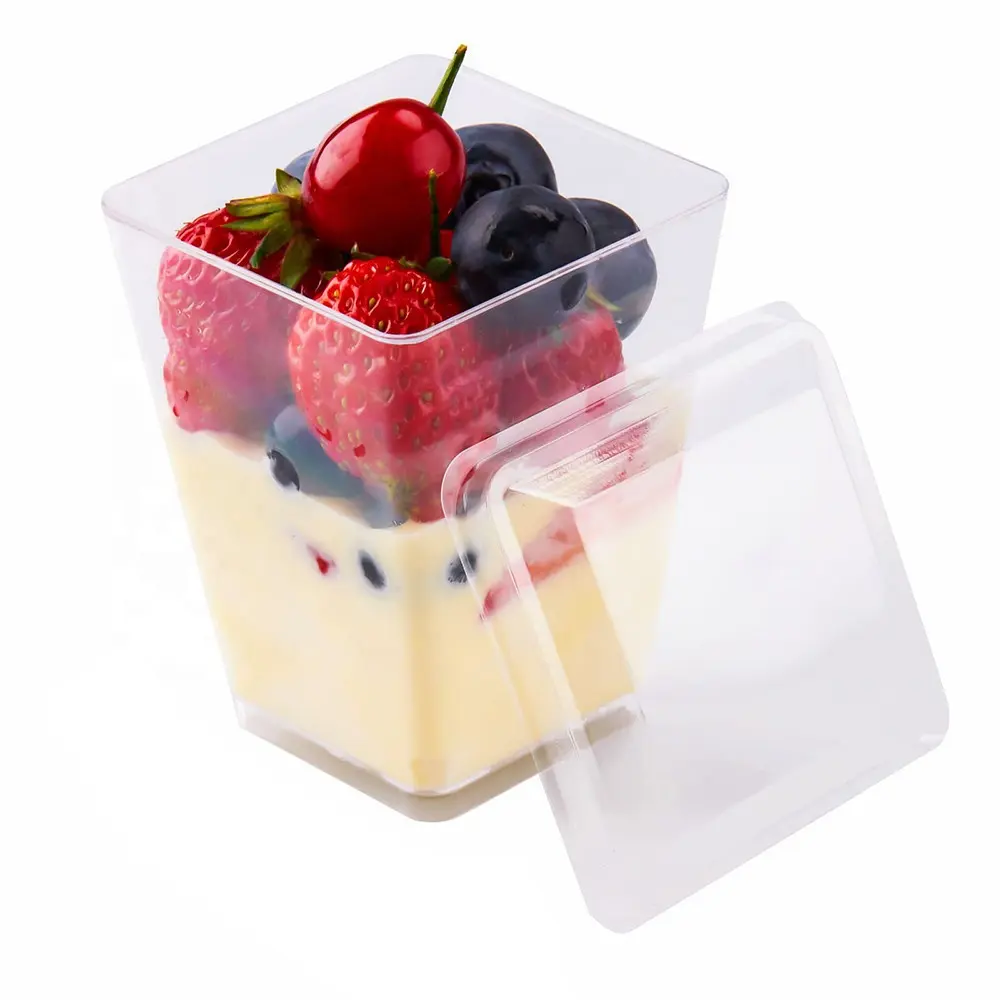 Caja desechable transparente PET de 160 ml, tazas para pasteles con tapa con cuchara, taza para mousse, caja para helados