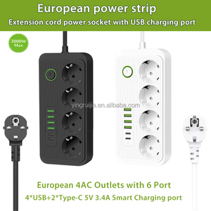 Regleta de alimentación europea al por mayor de fábrica con cargador USB, cable de extensión de 6 puertos, 4 salidas, toma de corriente móvil multifuncional - Product Image 2