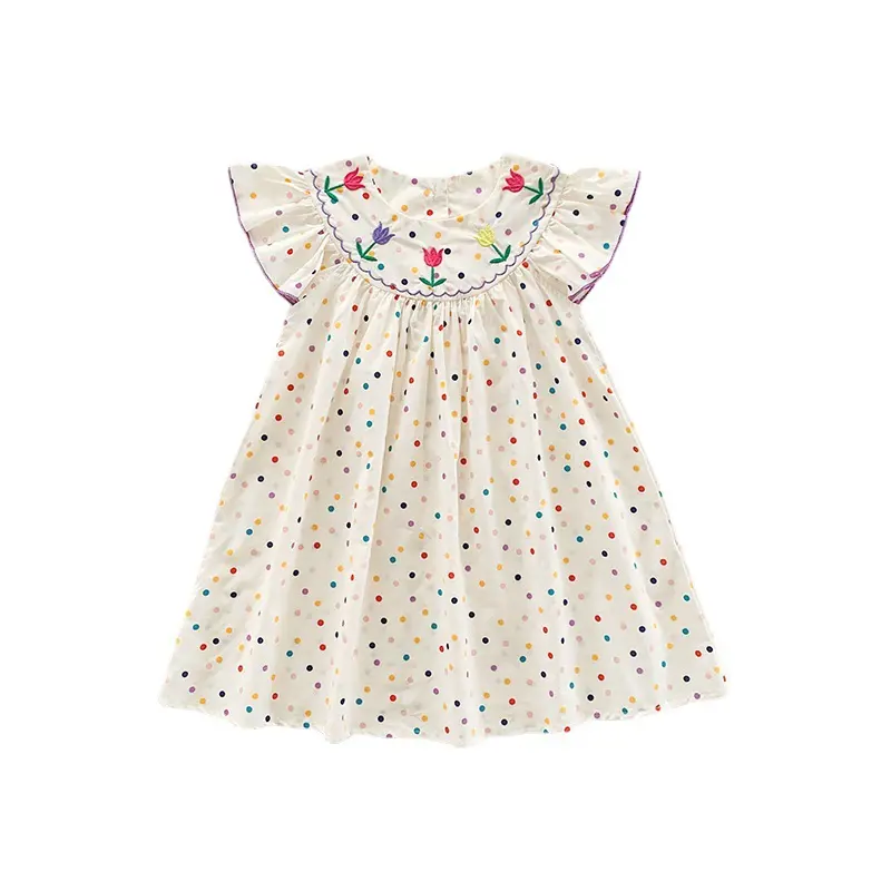Kinder Baby Mädchen bunte Tupfen Tulpe bestickt Sommerkleid 2023 Sommer fliegende Ärmel Party süße Prinzessin Kleider