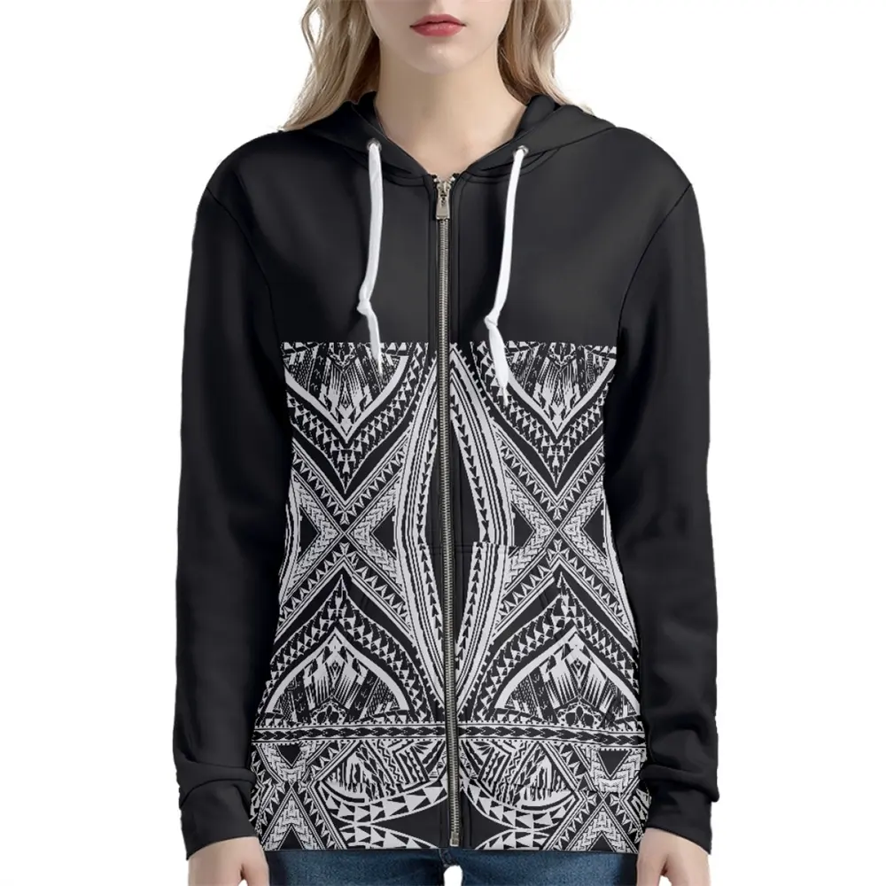 Sudadera con capucha de manga larga para mujer, chaqueta con cremallera personalizada a petición, negra, estampado Tribal, polinesiano, samoya