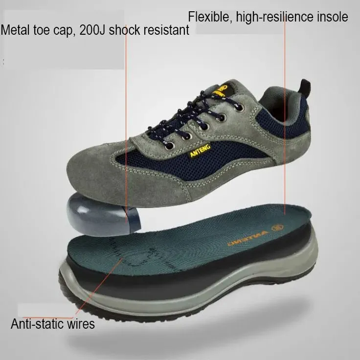 Gri inek süet nefes güvenlik ayakkabıları Anti statik PU taban çelik burun Anti şut ürün güvenlik koruma