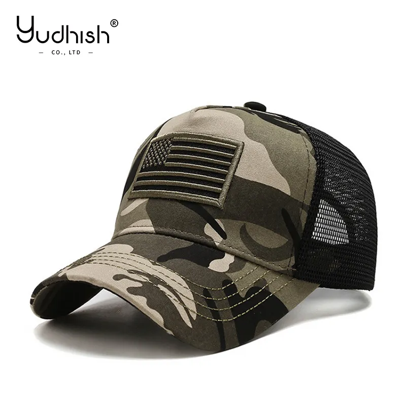 Custom USA Flag Camouflage Tactical Cap Embroidery Cotton Hat Male Summer Sports America Mesh Trucker Cap