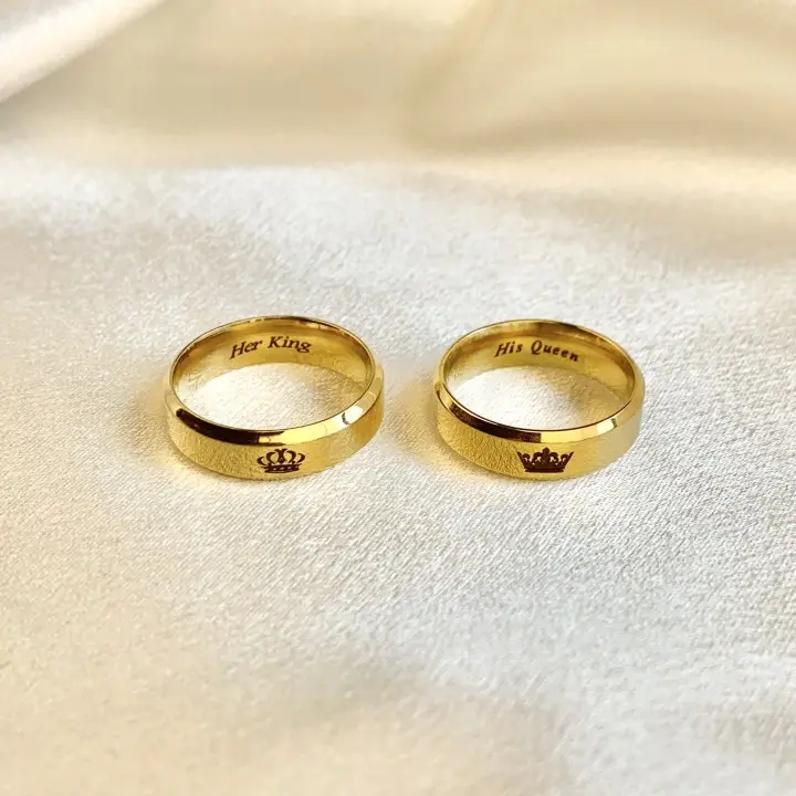Anéis do casal do dia dos namorados 18k, dourados, aço inoxidável, coroa, logotipo, king e queen anéis
