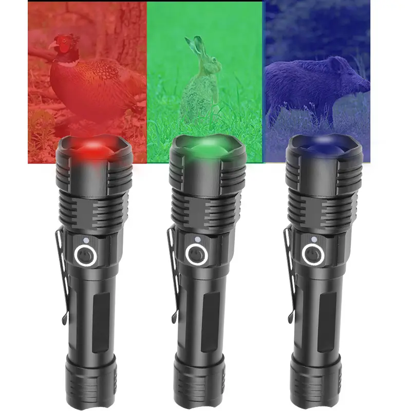 Taktik LED el feneri avcılık el feneri su geçirmez meşale beyaz yeşil mavi kırmızı ışık avcılık kamp yürüyüş için