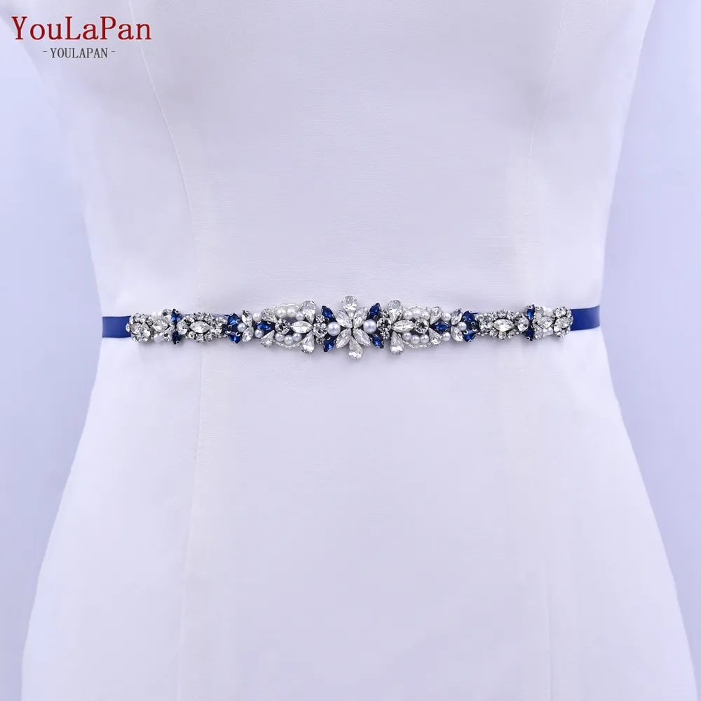 YouLaPanS93ブルーラインストーンパール装飾アップリケ女性宴会ドレス薄いベルトウェディングジュエリーベルトブライダルサッシ