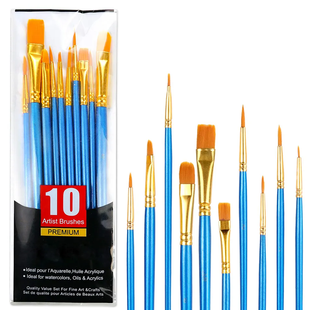 Set di pennelli per pittura acrilica 1 confezione da 10 pennelli per acquerello per capelli in Nylon per tutti gli usi colori ad acquerello ad olio